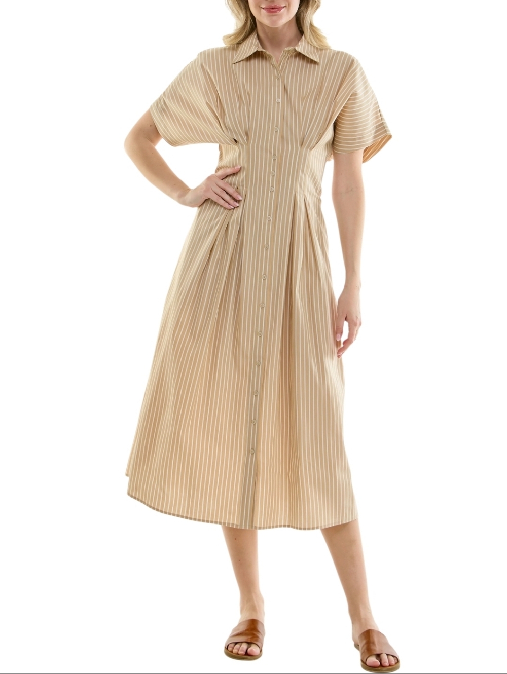 NICOLE MILLER Tan White  Pintuck Waist Midi Striped Short Sleeve Shirtdress NWT
